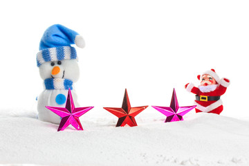 christmas composition with snow and decoration on white backgrou