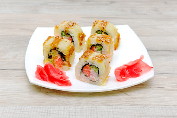 Salmon Fried Maki Sushi - Hot Roll with Cream Cheese and Cucumbe