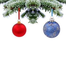 Christmas evergreen spruce tree with glass ball on snow