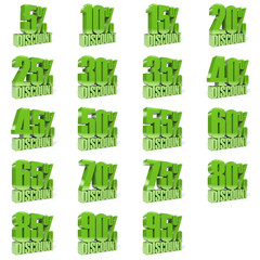 Set of percent discount. Green on white background.