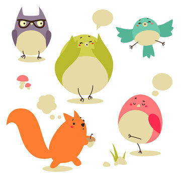 Cartoon birds and squirrel