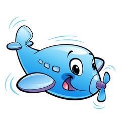 Baby cute cartoon blue airplane character with propeller flying