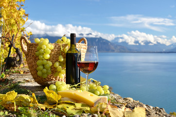 Red wine and grapes on the terrace of vineyard in Lavaux region, - 58148219