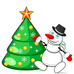 Snowman decorating Christmas tree