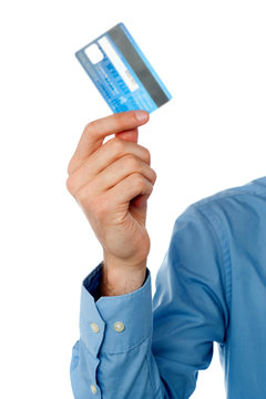 Guy showing credit card, cropped image.