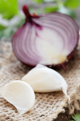 Rote Zwiebel und Knoblauch