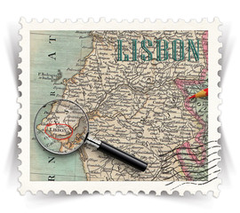 Label for Lisbon tourist products ads stylized as post stamp