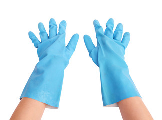 gloves for cleaning with hand on white background