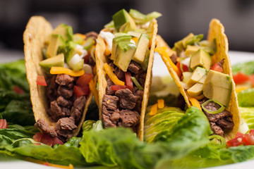 Trio of roast beef hard-shell tacos