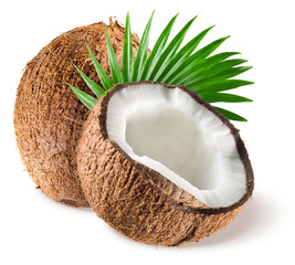 Coconuts with leaf on white background