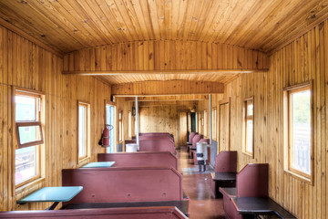 The wooden interior of old russian rail car
