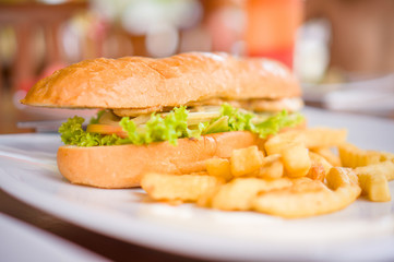 Sandwich with chicken and french fries on plate in beach restaur