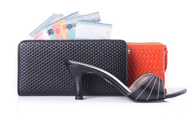 wallet. woman wallet with money on a background