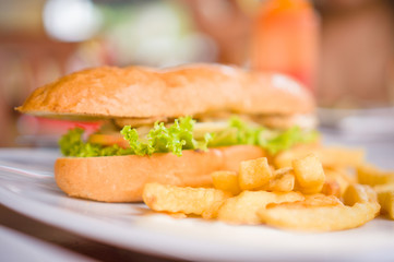 Sandwich with chicken and french fries on plate in beach restaur