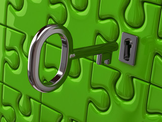 Illustration of silver key and green puzzle pieces