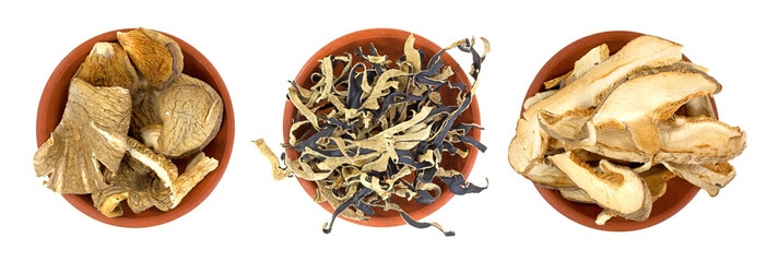 Bowls of white oyster, Woodear and shitake mushrooms
