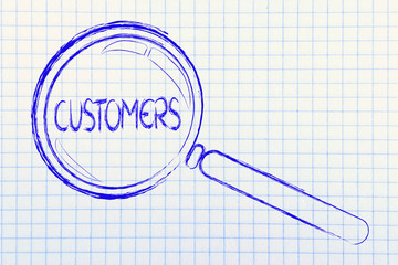 finding customers, magnifying glass focusing on clients