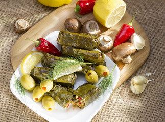 Grape leaves stuffed with rice.