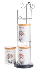 Fototapeta premium Tea coffee and sugar cannisters isolated against on white backgr