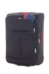 black travel suitcase and two passports isolated on white