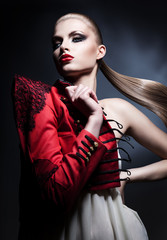 erotic beautiful blonde woman with long tail and red lips