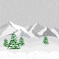 Winter landscape, mountain and forest in vector