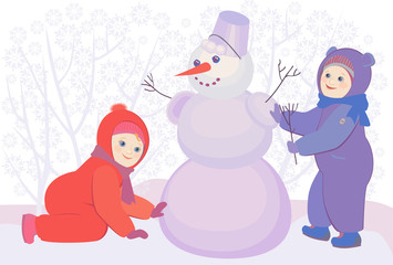 vector illustration of little kids playing and snowman