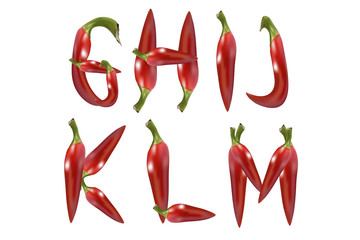 red chilli pepper alphabet on white background