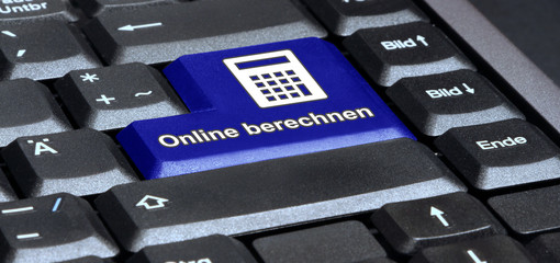eks17 EnterKeySign - english: keyboard with blue key and calculator - German: Online berechnen Taste in blau mit Taschenrechner Symbol - g24