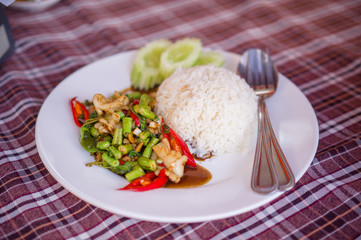 Boiled rice and seafood salad in restaurant