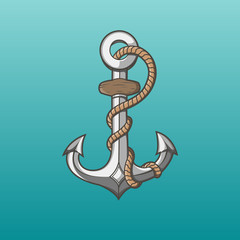 Nautical iron anchor with rope isolated on aqua background.