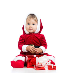 x-mas baby girl opening gift box isolated
