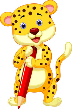 Cute leopard cartoon holding red pencil