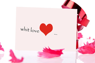 Whit love... red ribbon and pink card