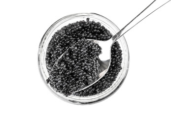 Black caviar in a glass jar with spoon. Top view