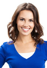 Happy smiling young woman, over white