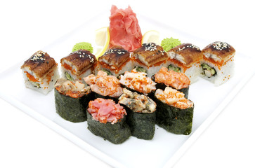 Japanese sushi fish and seafood on white background