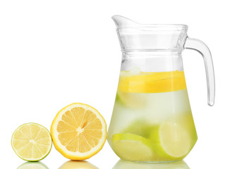 Cold water with lime, lemon and ice in pitcher isolated on