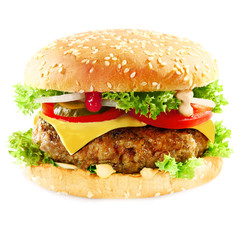 Tasty hamburger containing meat and pickles