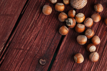 Walnuts and hazelnuts on rustic dark wood background