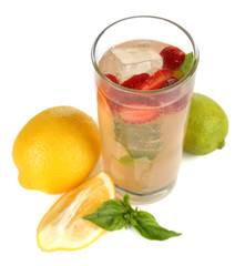 Basil lemonade with strawberry in glass, isolated on white