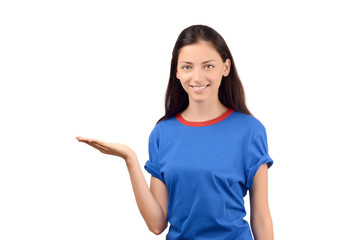 Attractive girl with blue t-shirt presenting.