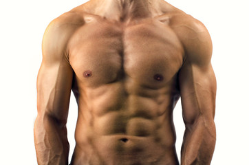 Close up on perfect abs. Strong bodybuilder with six pack - obrazy, fototapety, plakaty
