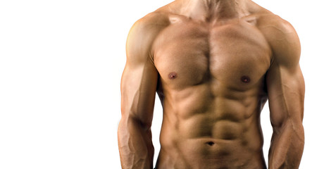 Fototapeta na wymiar Close up on perfect abs. Strong bodybuilder with six pack