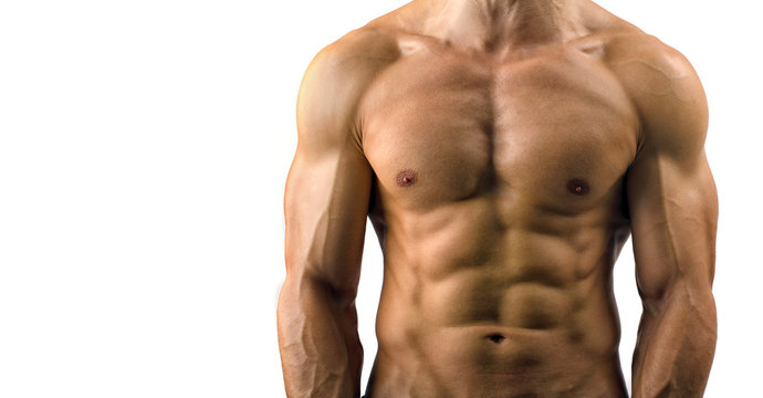 Close up on perfect abs. Strong bodybuilder with six pack