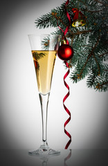 Flutes of champagne in holiday setting. Closeup.