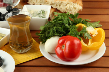 Traditional Turkish breakfast on table close up