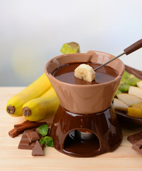 Chocolate fondue with fruits,
