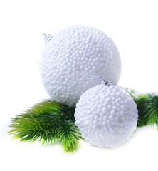 Christmas balls on fir tree, isolated on white