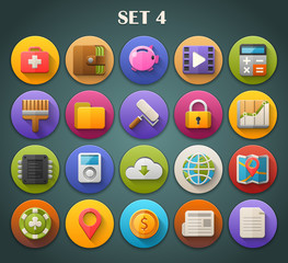Round Bright Icons with Long Shadow Set 4